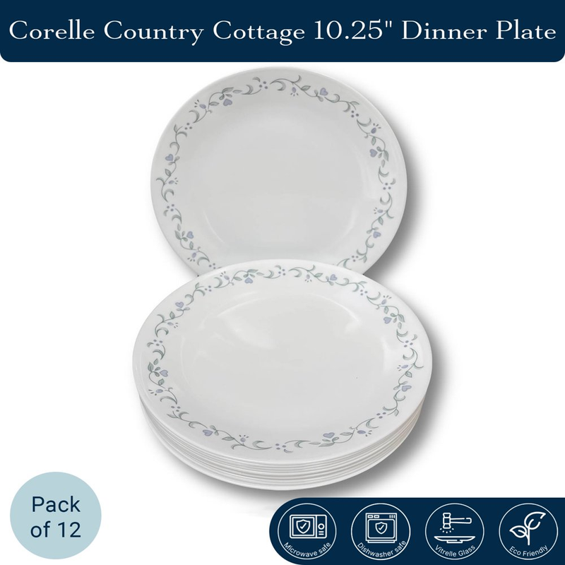 Corelle Country Cottage Dinner Plates 10.25", Vitrelle Glass (Set of 12)