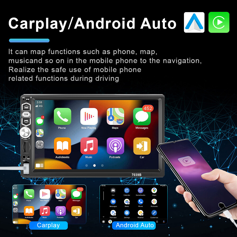 Single Din Car Stereo Wireless Apple CarPlay 7" touchscreen Bluetooth Radio USB