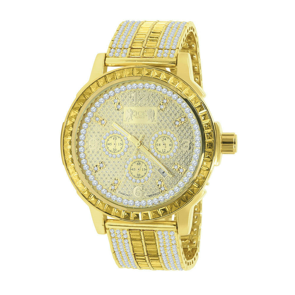 Pre-owned Ice House Real Diamond Dial Canary Gold Finish Custom Band Watch W/date Solid Steel Bezel