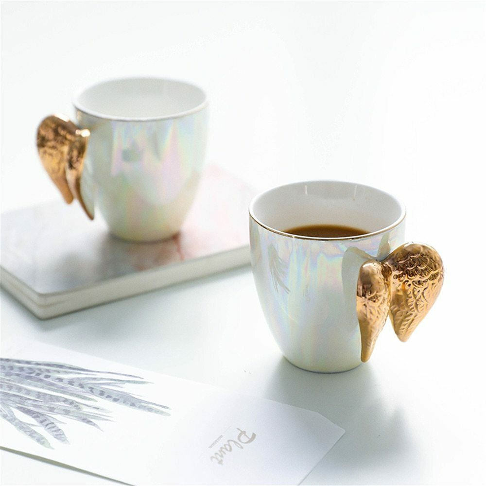 Creative White Ceramic Mug Gold Plated Handle Angel Wings Office