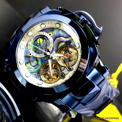 Pre-owned Invicta Man Of War Double Open Heart Automatic Moon Phase Abalone Blue Watch