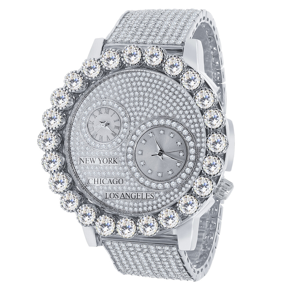 Pre-owned Ice Master Men's White Gold Tone Prong Set Real Diamond Dial 2 Time Zone Chronograph Watch