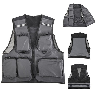 Men Multi-Pocket Fishing Mesh Vest Photography Quick-Dry Supply Vest Zip Ja F7N4