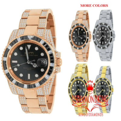 Pre-owned Bling Master Full Stainless Steel 18k Rose Gold Finish Simulated Diamond Mens President Watch