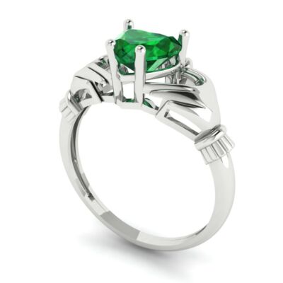 Pre-owned Pucci 1.55 Irish Celtic Claddagh Simulated Emerald Classic Ring Solid 14k White Gold