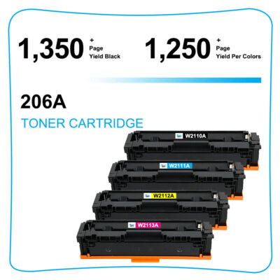 4-pk Toner for HP 206A W2110A Color Laserjet Pro MFP M283cdw M282 M255dw NO CHIP