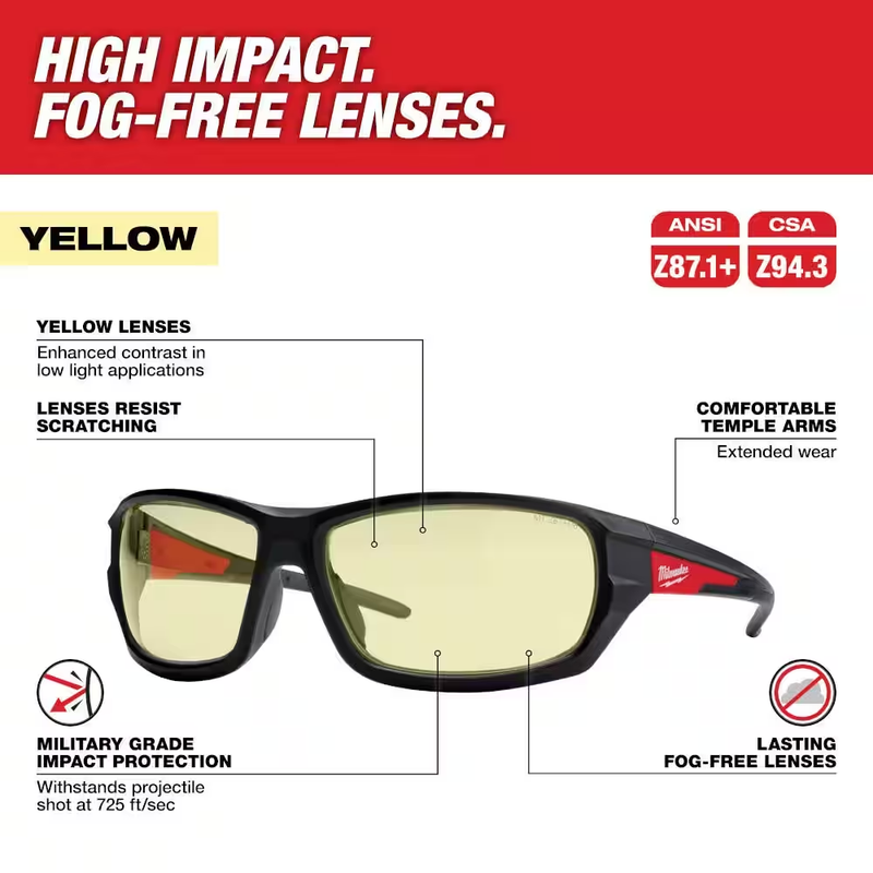 Milwaukee Yellow Performance Safety Glasses Fog-Free Lenses