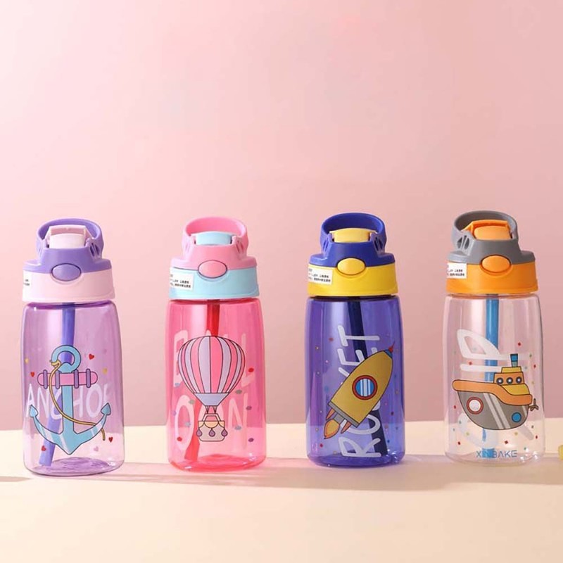 480ml Cartoon Kids Water Sippy Cup Straws Leakproof Outdoor Portable Bottle