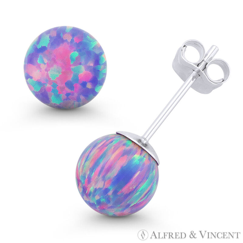 Fiery Lavender Synthetic Opal Round 14k White Gold Pushback Ball Stud Earrings