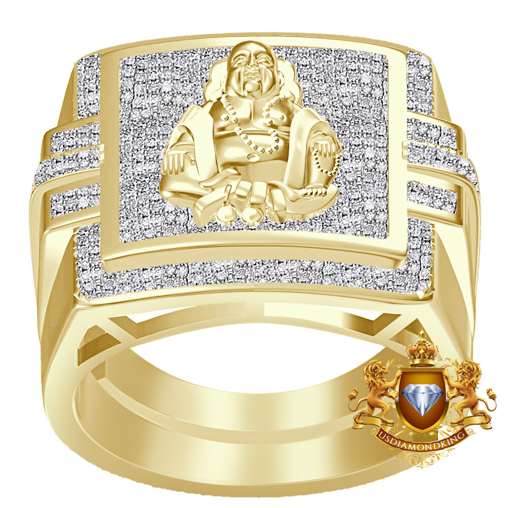 Pre-owned Us Diamond King Mens Real Genuine Diamond 0.75 Ct.. Gautama Buddha Meditation Buddhist Band Ring In Yellow