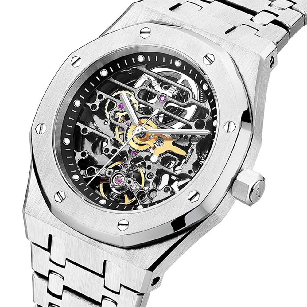 Pre-owned Feice Men's Automatic Mechanical Watch Skeleton Hollow Out Sapphire Glass Sports Watch