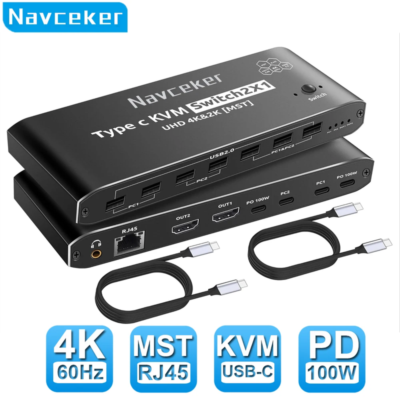 2x2 4K 60Hz Thunderbolt 4 USB C KVM Switch Dual Monitor RJ45 100W PD Charge Type