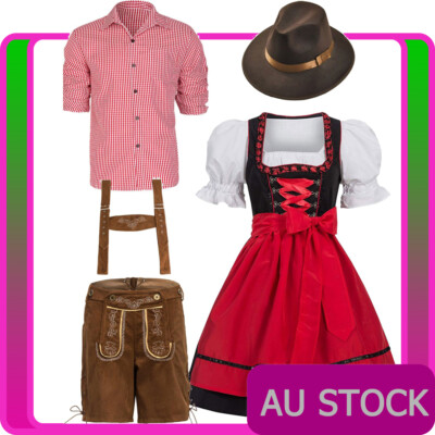 Oktoberfest Couple Costume Lederhosen Red Womens German Beer Maid Mens Bavarian