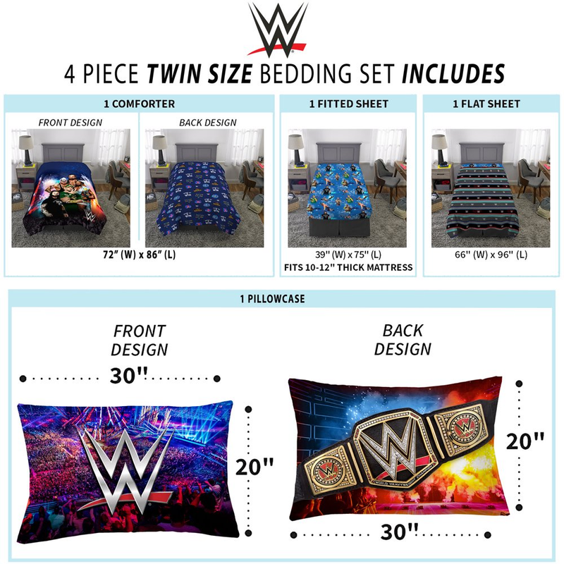 WWE Bed in a Bag Twin Size 4-Pieces Bedding Set Comforter and Sheets Kids Gift