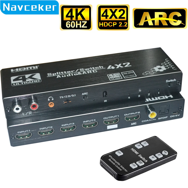 2025 4K HDMI Switch 4x2 with Remote Optical Toslink & Coaxial 4 In 2 Out HDMI S