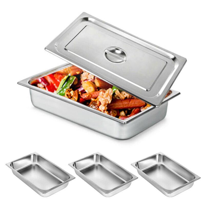 Deep Full Size Stainless Steel Steam Table Pans +Lids Hotel Food 4 Pcs 4" Silver
