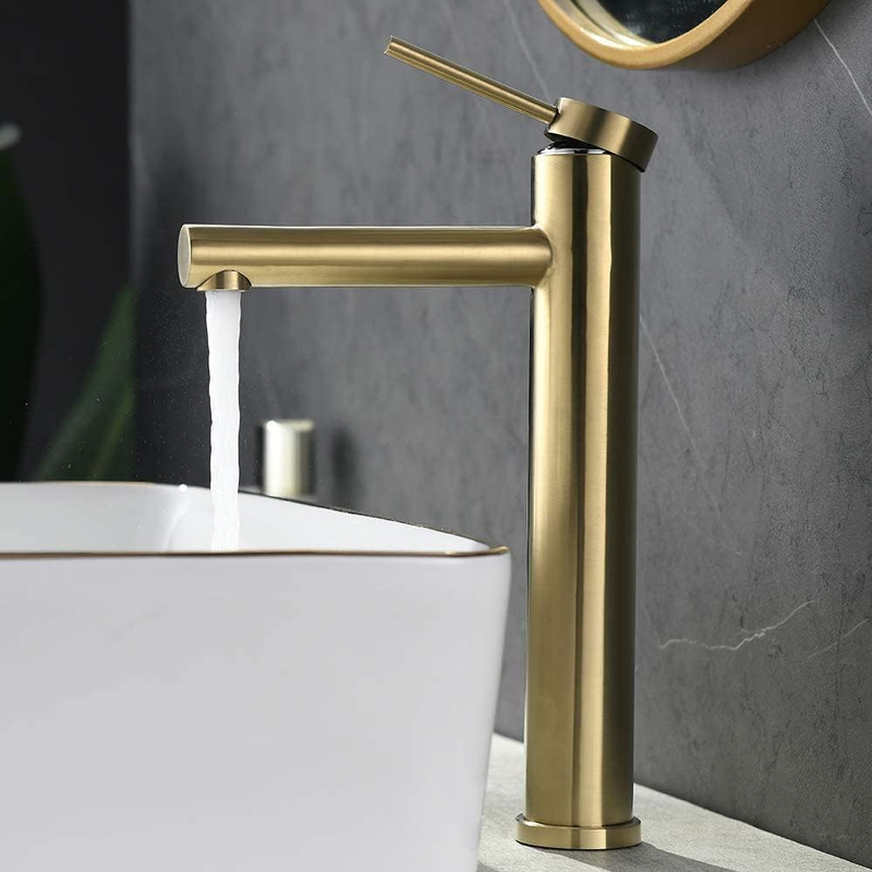 Brushed Gold Tall Bathroom Vessel Sink Faucet, Contemporary 