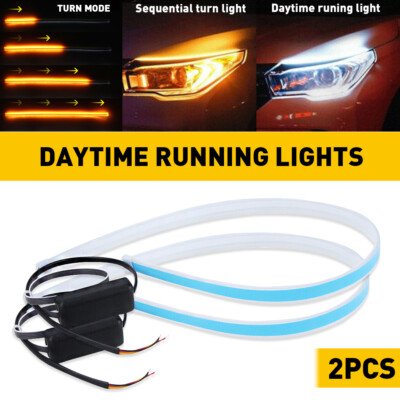 2x 60cm LED Switchback DRL Tube Light Strip Amber Sequential Flow Turn Signal