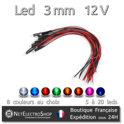 Led 3mm 12V Pré Cablé Haute Luminosité - Au choix : 8 couleurs, Lot 5 à 20 leds