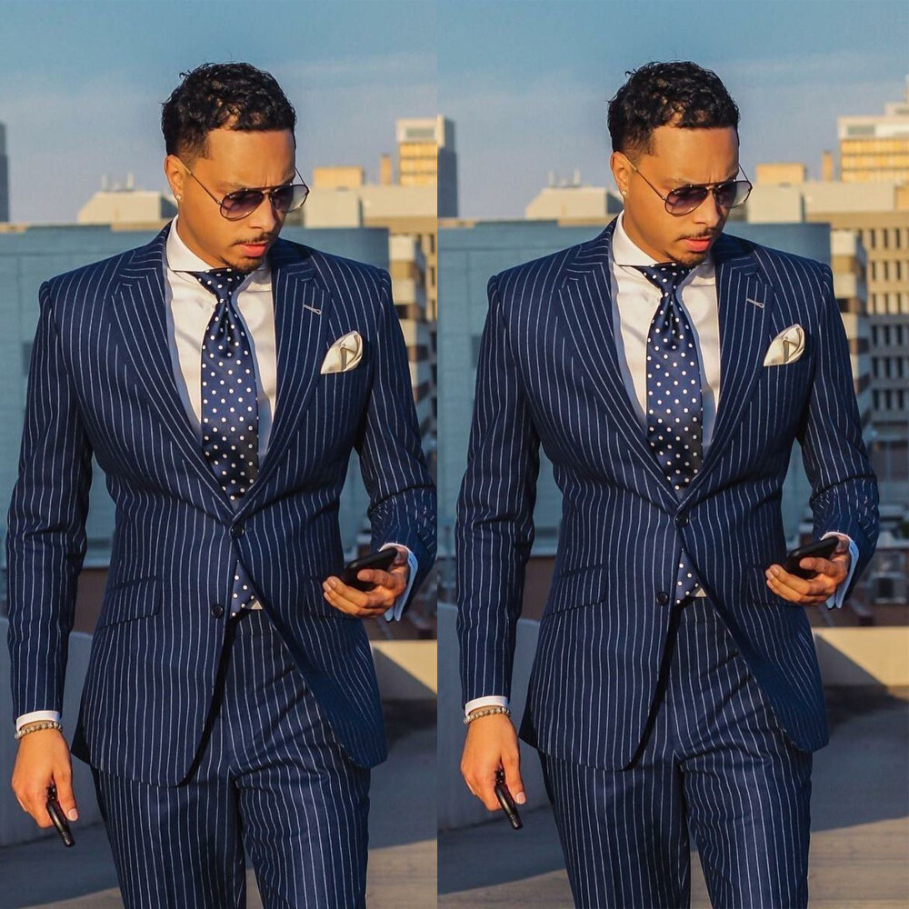 Men/'s Dark Blue Stripe Slim Fit Suit Groom Tuxedos Wedding Dinner Business Suit