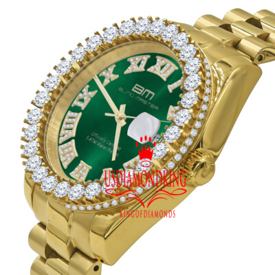 Pre-owned Bling Master Mens Solid Steel Green Dial 18k Gold Simulated Diamonds Presidential Watch 42mm