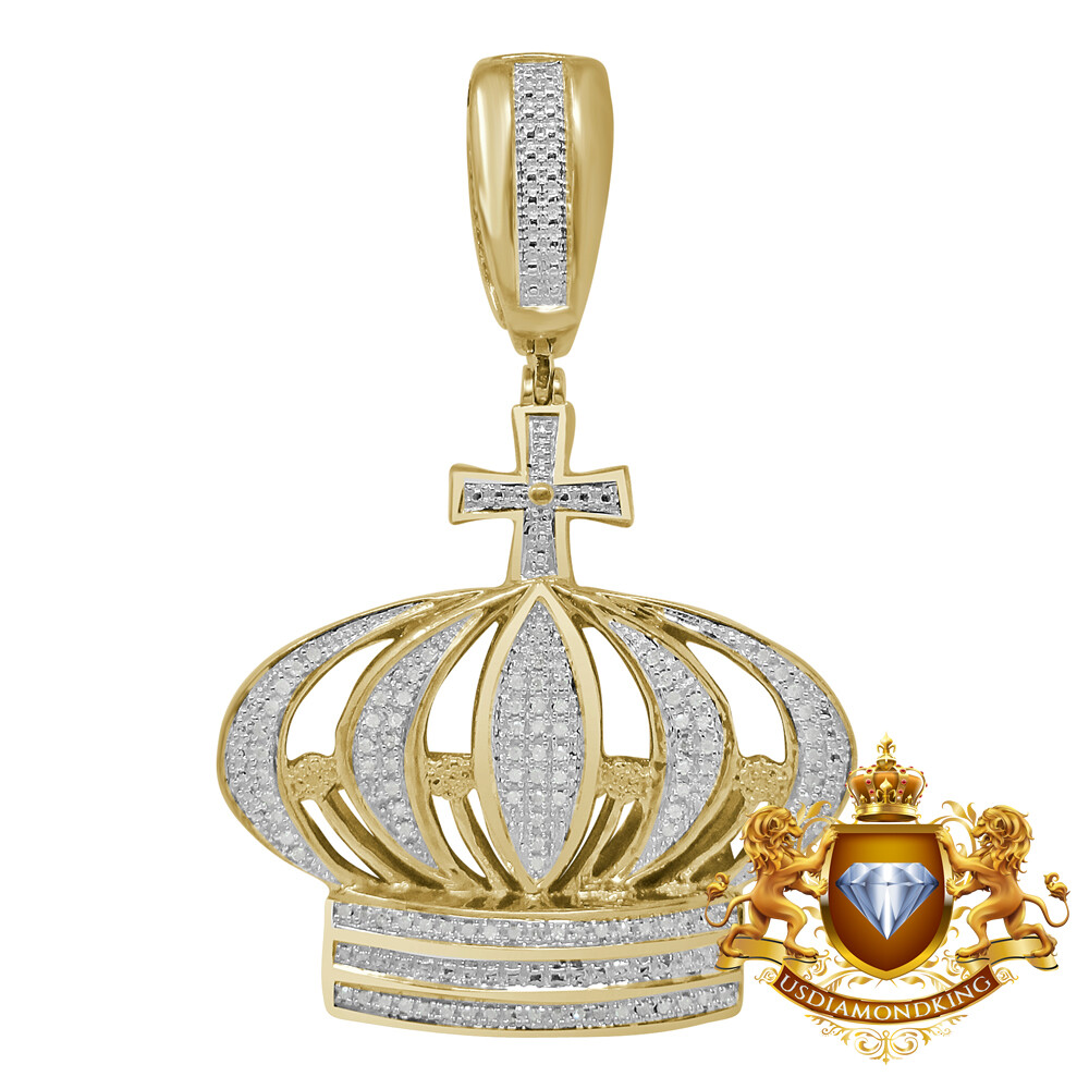 Pre-owned Us Diamond King Real Genuine Diamond Kings Crown Cross Pave Charm Pendent 10k Yellow Gold Finish