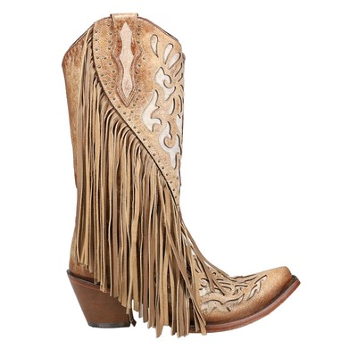 Pre-owned Corral Boots Lamb Studded Embroidered Fringe Snip Toe Cowboy Womens Brown Casua