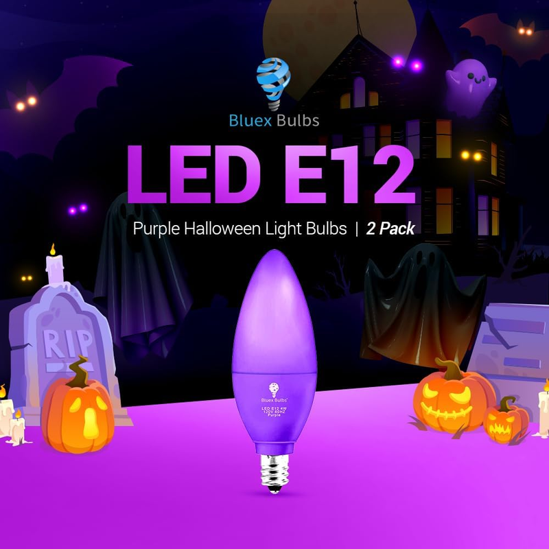 2 Pack Bluex LED Candle Purple Light Bulb - 4W (40Watt Equivalent) - E12 Base Pu