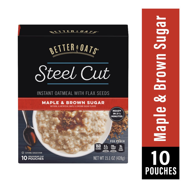 Better Oats Maple and Brown Sugar Steel Cut Oatmeal Packets with Flax Seeds