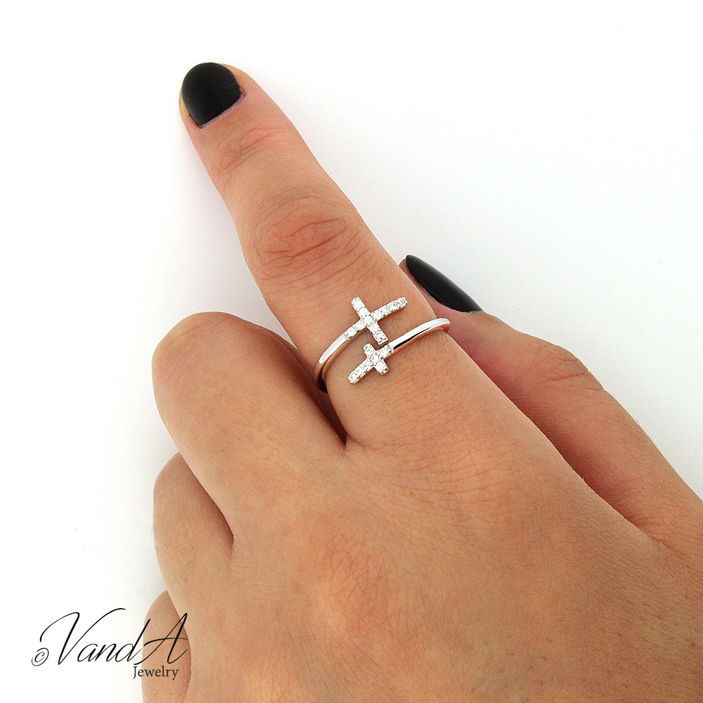 Sterling Silver 925 Cross Ring Double Cross CZ Open Ring