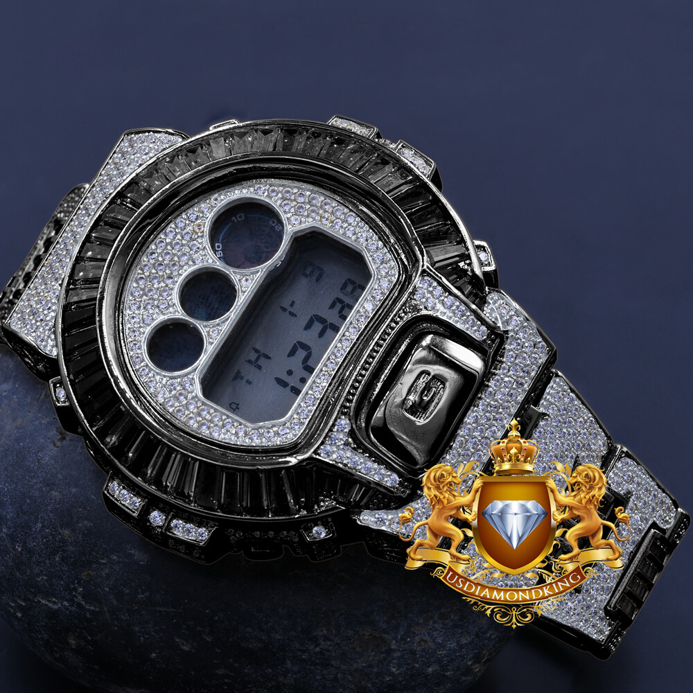Pre-owned Usdiamondking Baguette 2 Tone Black Gold Casio Digital Shock Authentic Dw-6900 Custom Watch