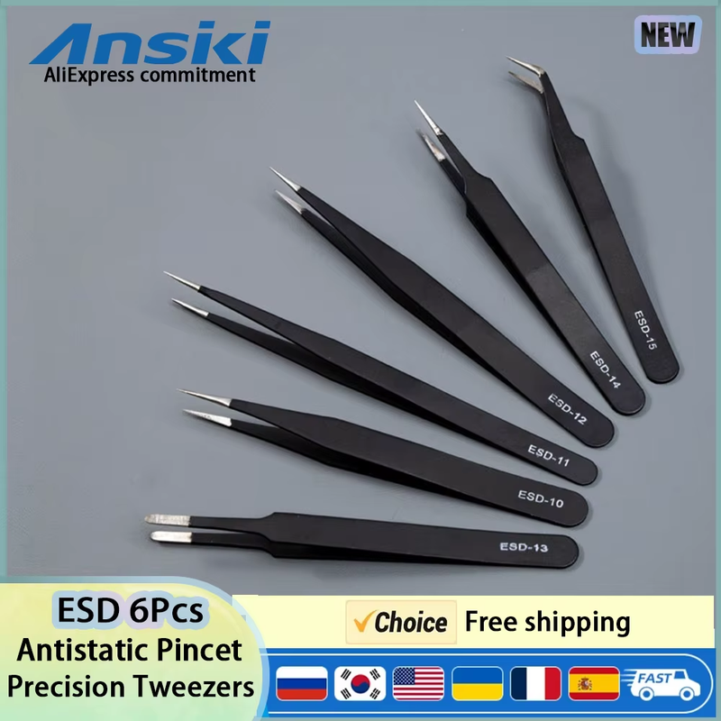 ESD Stainless Steel Tweezers 6Pcs Set Precision Maintenance Industrial Repair Cu