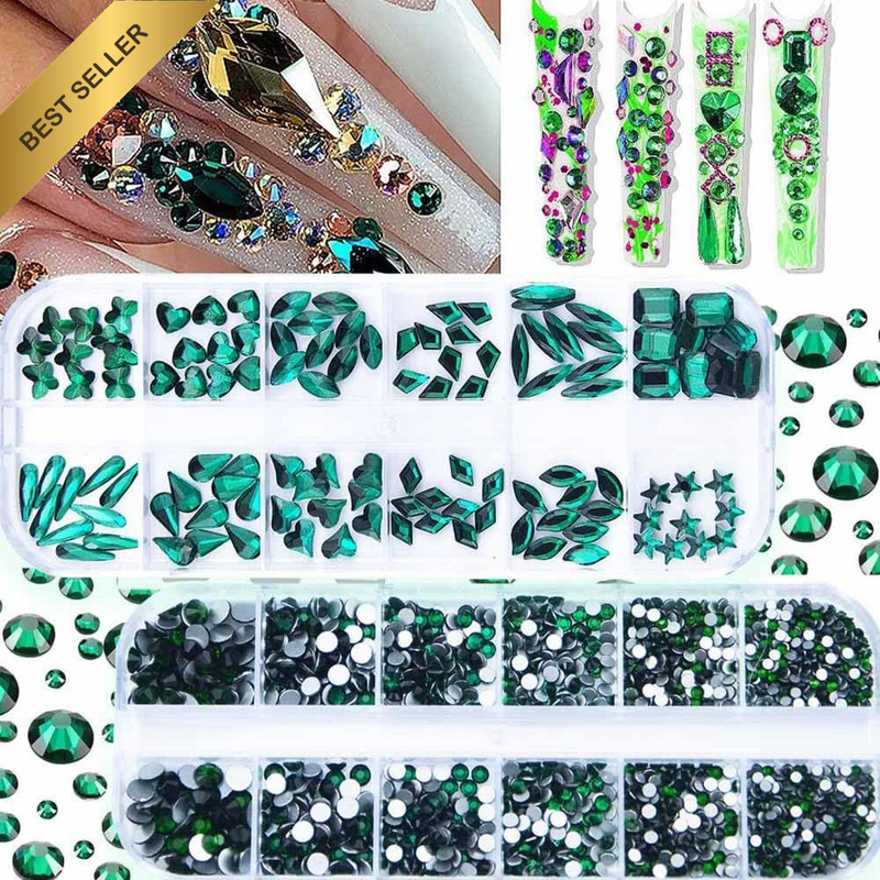 2120 Pcs Green Nail Art Rhinestone Gems Kit Nail Art Crystal Flat Back Nail Diam