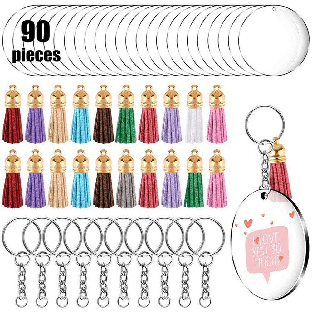90Pcs Key Ring Clear Acrylic Circle Discs Keychain Blanks Tassel