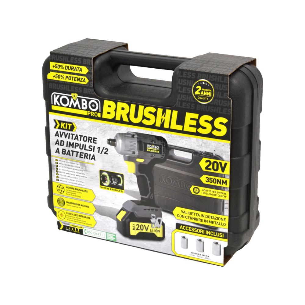 AVVITATORE AD IMPULSI A BATTERIA LITIO 20V 4,0Ah BRUSHLESS 350 Nm 1/2" KOMBO PRO