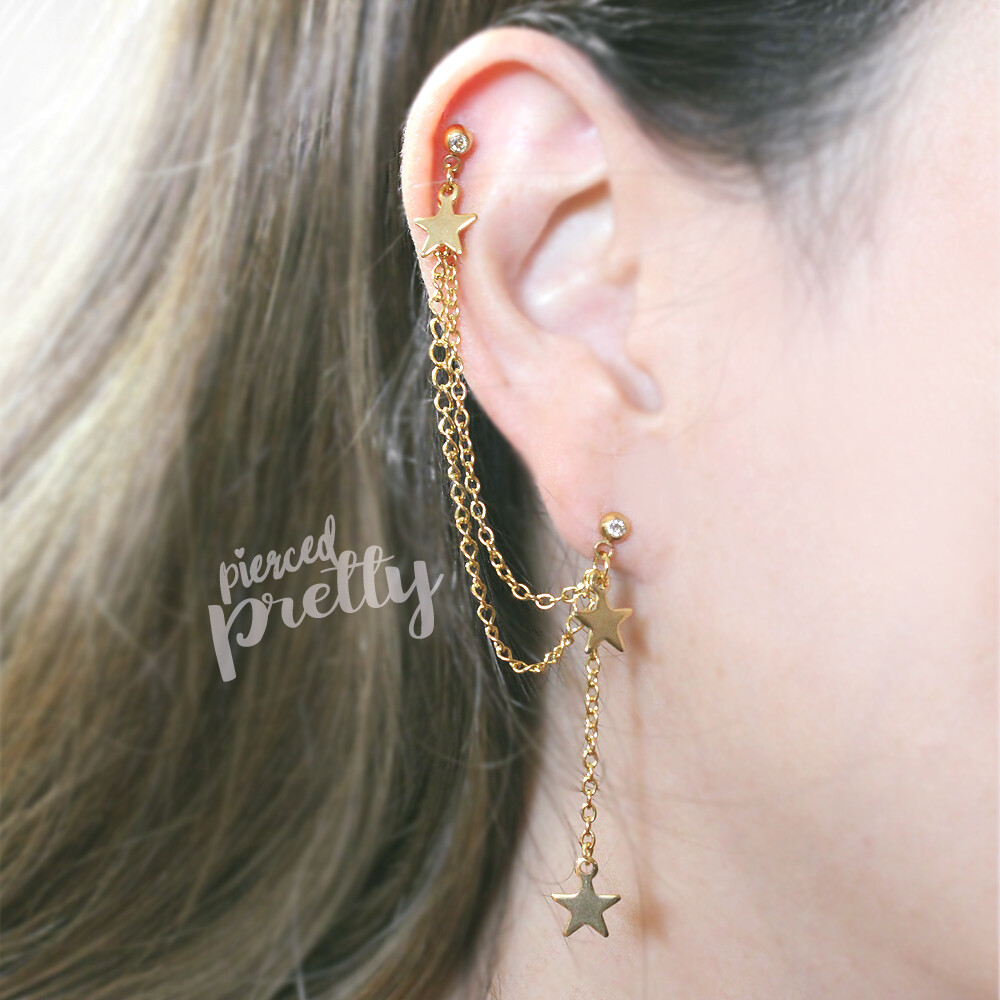 wing bling☆[14Kpost] SUV chain onetouch earring 2type Zoë Chicco 14k Gold Tennis & Prong Diamond Double Stud Chain