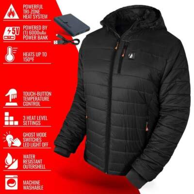 Pre-owned Actionheat Insulated Puffer Jacket Large, 5-volt With Hood In Black
