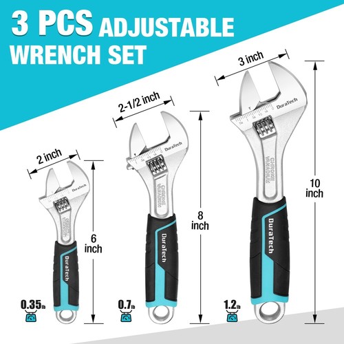 DURATECH 3PCS Adjustable Wrench Set Metric& SAE 6" 8" 10" Wrench Wide Jaw Wrench