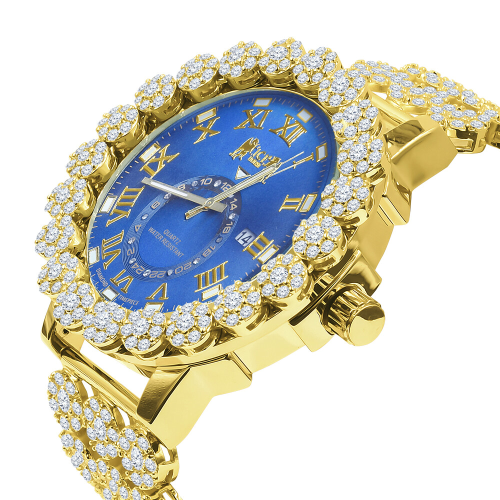 Pre-owned Icy Men Blue Sapphire Real Diamond Roman Dial Flower Band Bezel Gold Tone Watch