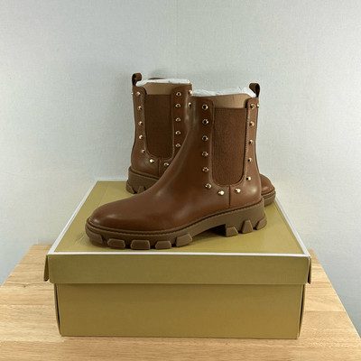 Michael Kors Ridley Studded Leather Gore Lug Sole Booties- Luggage- Size 6 M