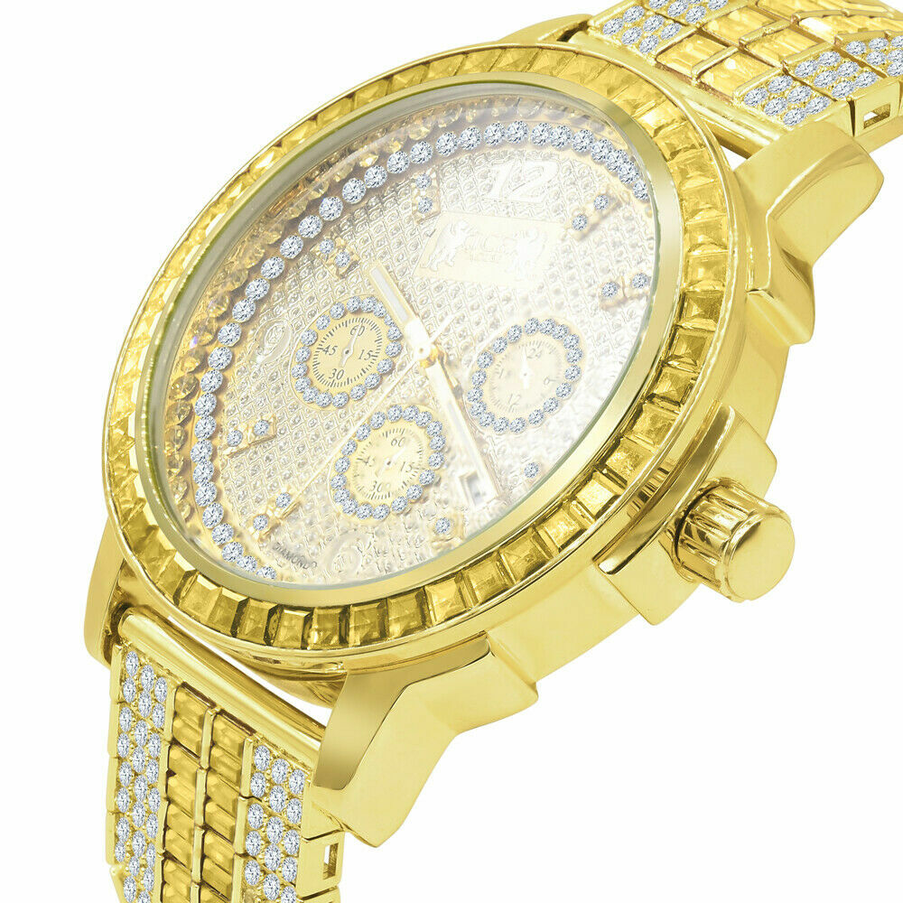 Pre-owned Ice House Real Diamond Dial Canary Gold Finish Custom Band Watch W/date Solid Steel Bezel