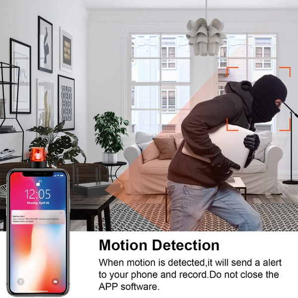 Burglar in home triggering motion detection alert on phone.