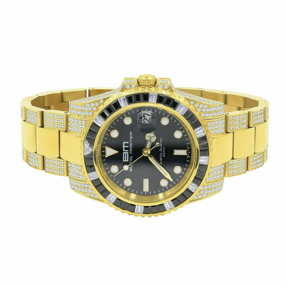 Pre-owned Bling Master Full Steel 18k Yellow Gold Simulated Diamond 40mm Presidential Mens Watch W/date