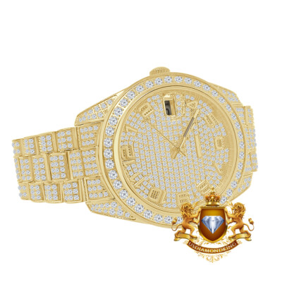 Pre-owned Usdiamondking Full Solid Steel 18k Yellow Gold Tone Simulated Diamond Luxury Watch 42mm W/date