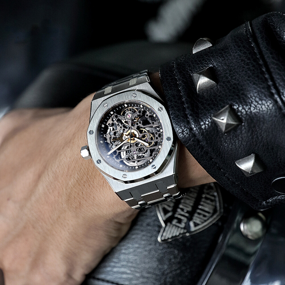 Pre-owned Feice Men's Automatic Mechanical Watch Skeleton Hollow Out Sapphire Glass Sports Watch