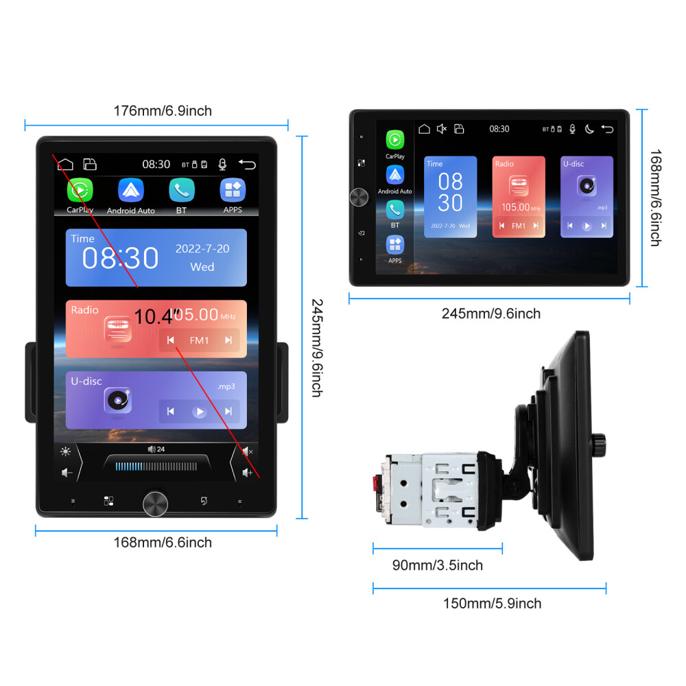 Single 1 DIN Rotatable 10.4" Touch Screen Car Stereo Radio GPS Carplay WIFI BT