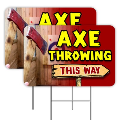 Axe Throwing (Arrow) 2 Pack Double-Sided Yard Signs 16'' x 24'' with Metal Stakes