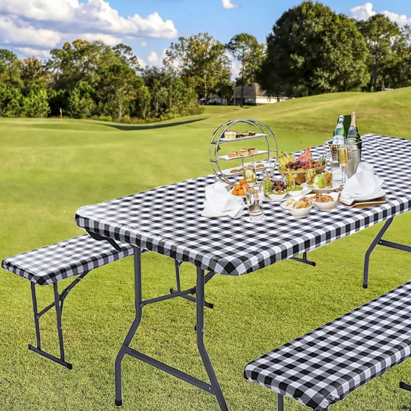 Picnic Table Cover With Bench Covers vinyl Tablecloth Elastic flannel Backing...