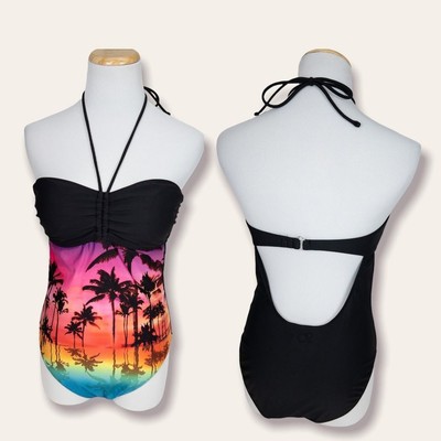 Ocean Pacific OP Womens Size Medium Black Palm Tree Sunset One Piece Swimsuit