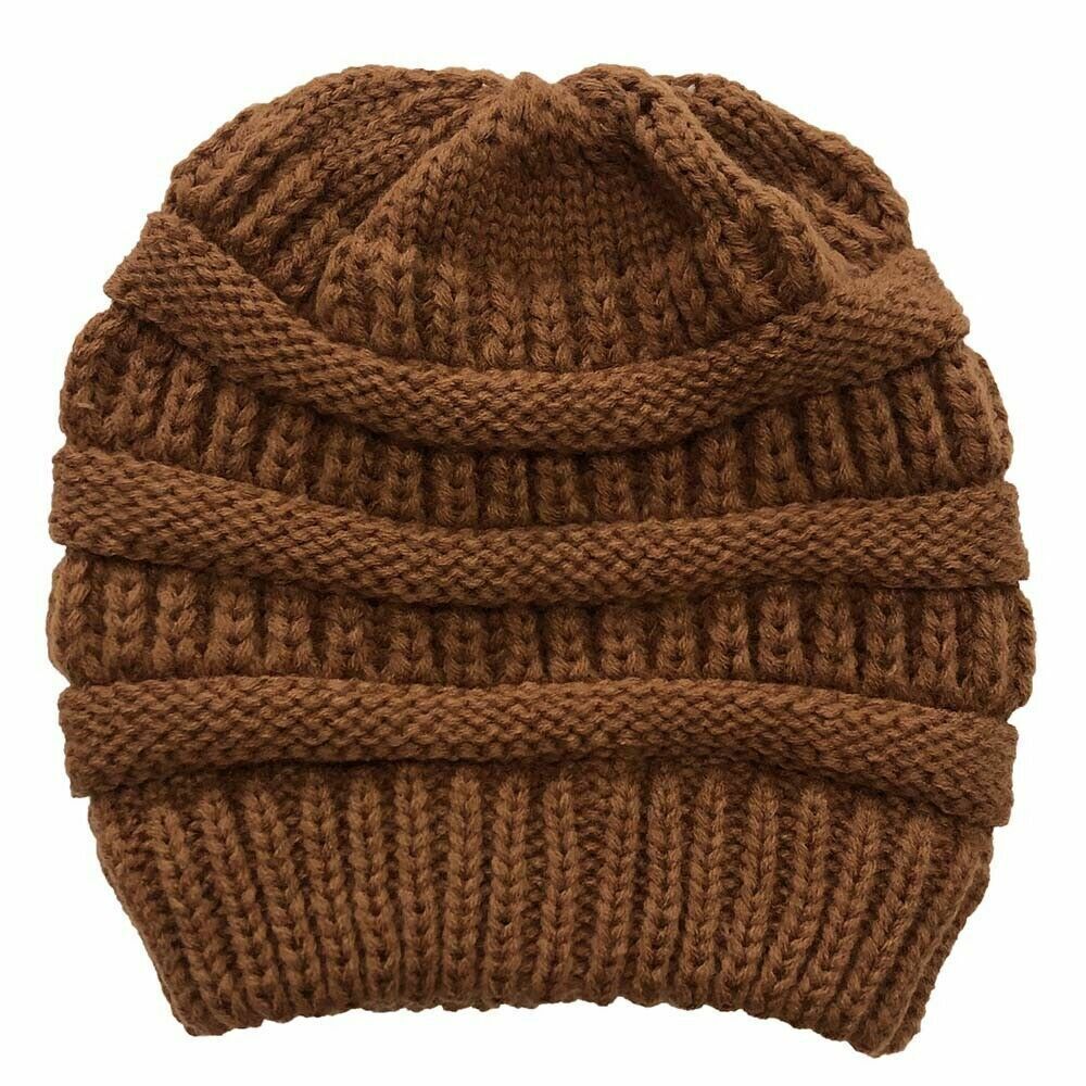 Women Ponytail Messy Bun Beanie Pony Tail Winter Knit Stretch Hat Girls 8 color